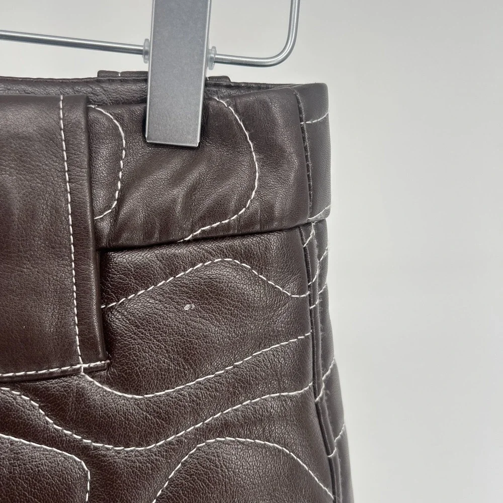 Ganni Mini Skirt Womens 4 / EU36‎ Lamb Leather Brown Neutral Quilted Embroidered